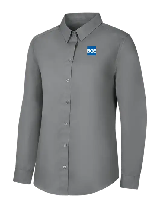 Womens Medium Grey Long Sleeve Carefree Poplin Shirt w/BGE Logo
