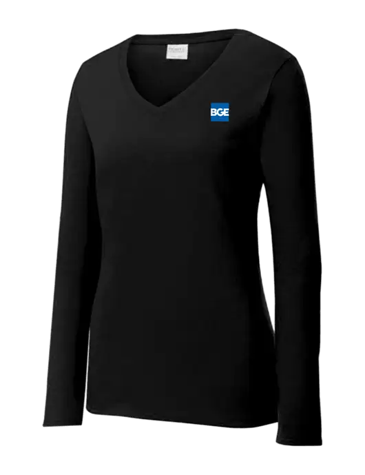 Womens V-Neck Ring Spun Jet Black 4.5 oz Long Sleeve T-Shirt w/BGE Logo
