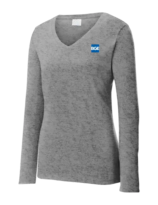 Womens  V-Neck Ring Spun Grey Heather 4.5 oz Long Sleeve T-Shirt w/BGE Logo