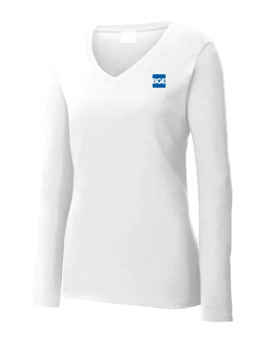 Womens  V-Neck Ring Spun White 4.5 oz Long Sleeve T-Shirt w/BGE Logo
