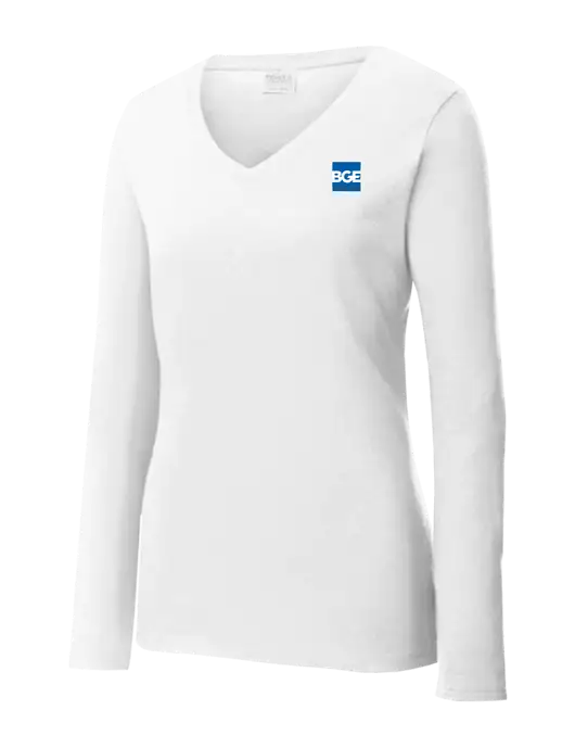 Womens  V-Neck Ring Spun White 4.5 oz Long Sleeve T-Shirt w/BGE Logo