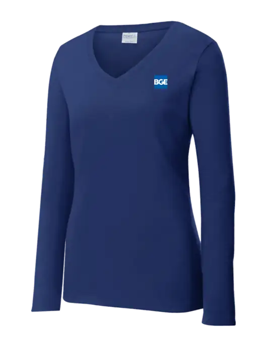 Womens  V-Neck Ring Spun Navy 4.5 oz Long Sleeve T-Shirt w/BGE Logo