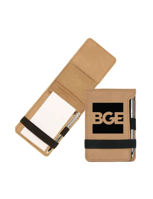 Tan Leatherette Mini Notepad with Pen,  3.25 x 4.75 w/BGE Logo