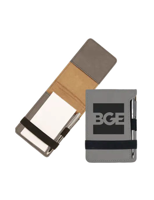 Grey Leatherette Mini Notepad with Pen,  3.25 x 4.75 w/BGE Logo