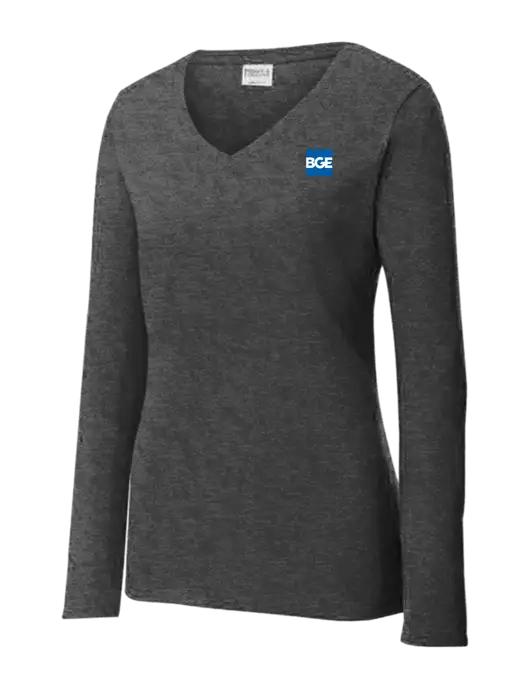 Womens  V-Neck Ring Spun Dark Heather Grey 4.5 oz Long Sleeve T-Shirt w/BGE Logo