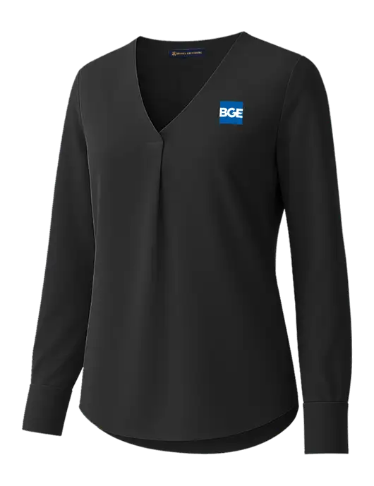 Brooks Brothers Womens Black Open-Neck Satin Blouse  w/BGE Logo