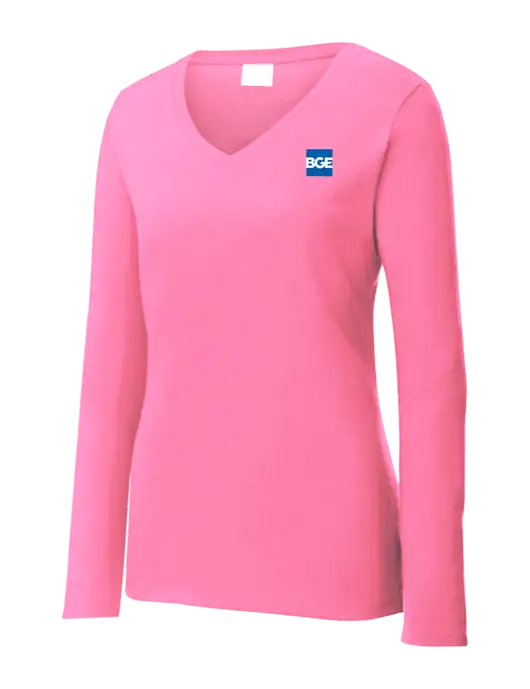 Womens  V-Neck Ring Spun Pink 4.5 oz Long Sleeve T-Shirt w/BGE Logo