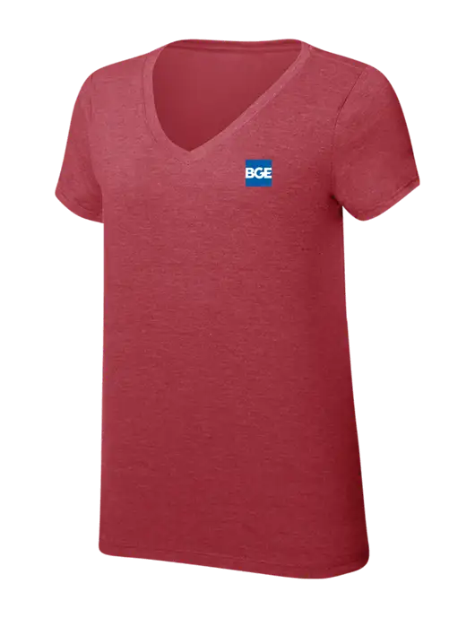 Womens Simply Soft V-Neck Red Frost 4.5oz  Poly/Combed Ring Spun Cotton T-Shirt w/BGE Logo