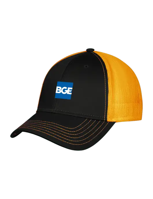 Black/Black/Gold Mesh Gold Stitching on Bill Trucker Cap Snap Back

 w/BGE Logo