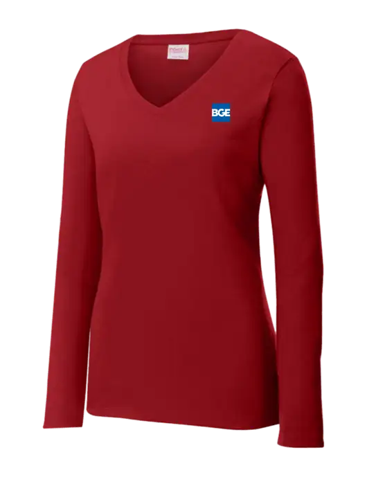Womens V-Neck Ring Spun Cardinal 4.5 oz Long Sleeve T-Shirt w/BGE Logo