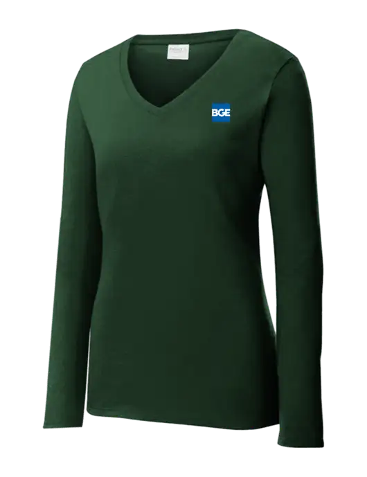 Womens  V-Neck Ring Spun Forest Green 4.5 oz Long Sleeve T-Shirt w/BGE Logo