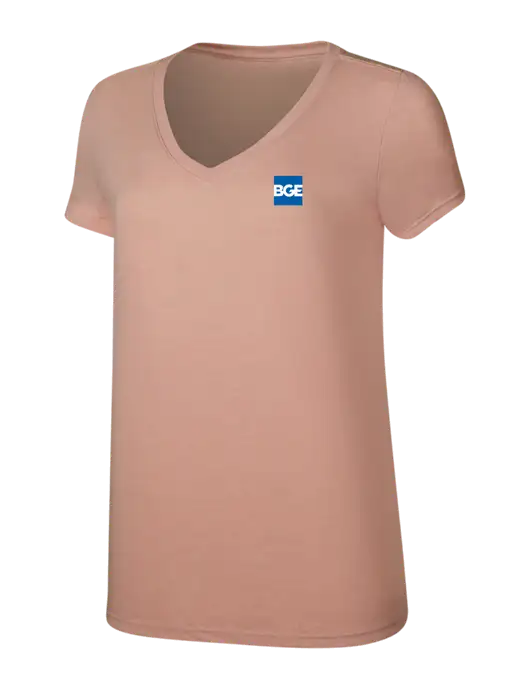 Womens Simply Soft V-Neck Heather Dusty Peach 4.5oz  Poly/Combed Ring Spun Cotton T-Shirt w/BGE Logo