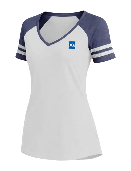 Womens White/Navy Heather V-Neck Game Tee w/BGE Logo