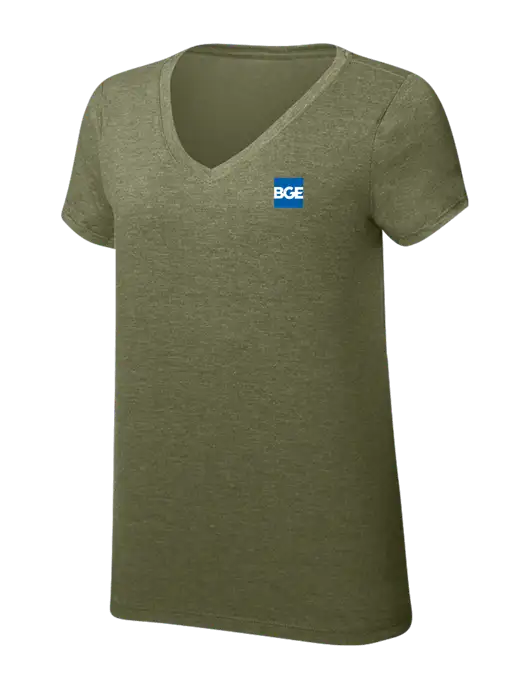 Womens Simply Soft V-Neck Military Green Frost 4.5oz  Poly/Combed Ring Spun Cotton T-Shirt w/BGE Logo