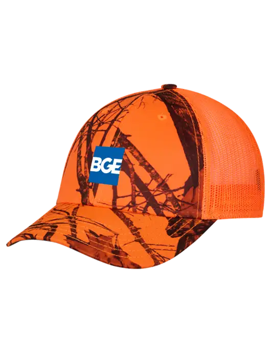 Blaze/Neon Orange Mossy Oak Camo Mesh Trucker Cap Snap Back w/BGE Logo