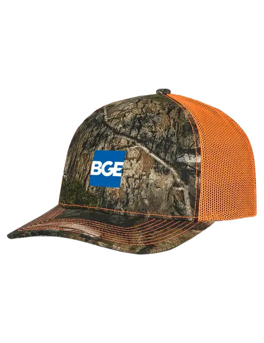Mossy Oak Country DNA Camo/Orange Mesh Trucker Cap Snap Back w/BGE Logo