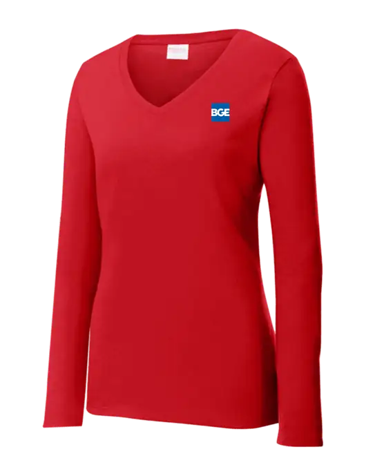 Womens  V-Neck Ring Spun Bright Red 4.5 oz Long Sleeve T-Shirt w/BGE Logo
