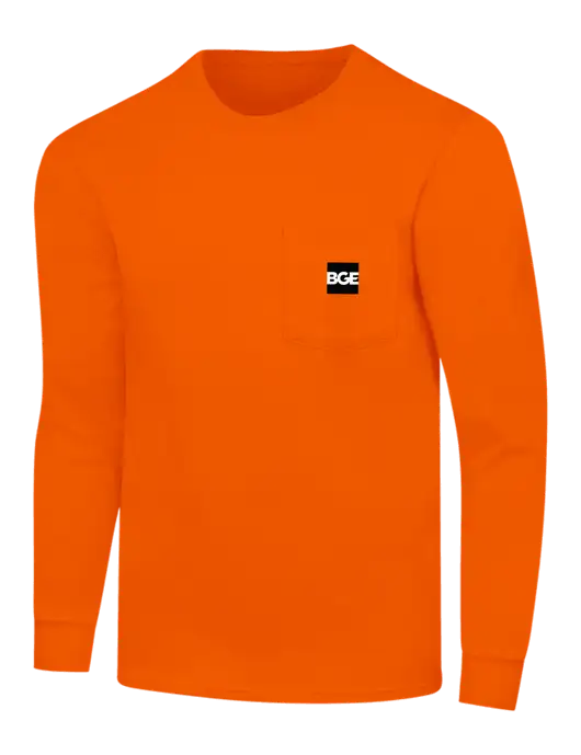Safety Orange Long Sleeve Heavyweight 6.1 oz Pocket T-Shirt w/BGE Logo