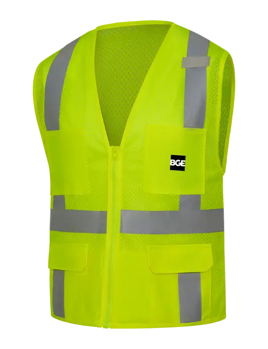 CornerStone Safety Yellow ANSI 107 Class 2 Mesh Six-Pocket Zippered Vest w/BGE Logo